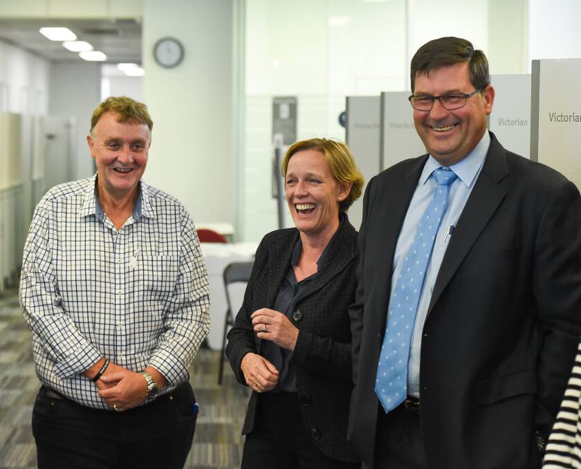 Lighter moment: Benambra election candidates Mark Tait (Labor), Jenny O'Connor (Independent) and Bill Tilley (Liberal) share a laugh before the ballot draw. Picture: MARK JESSER