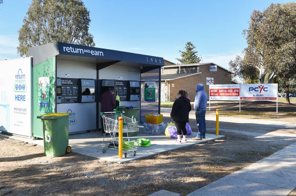 Taking containers: The reverse vending machine set up in Keene Street, East Albury, between the PCYC and Lauren Jackson stadium. Picture: MARK JESSER