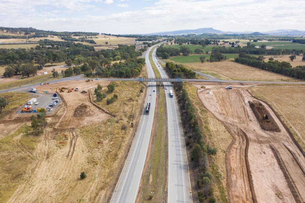 Project outlined: Grader marks show where two new southside ramps will be formed at the Davey Road intersection of the Hume Highway north of Albury. They are expected to be open at the end of 2021. Picture: MARK JESSER
