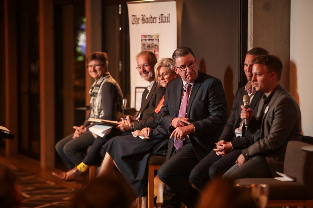 On show: Indi candidates Helen Robinson, Mark Byatt, Helen Haines, (moderator David Johnston) Steve Martin and Eric Kerr at the Huon Hill hotel. Picture: JAMES WILTSHIRE