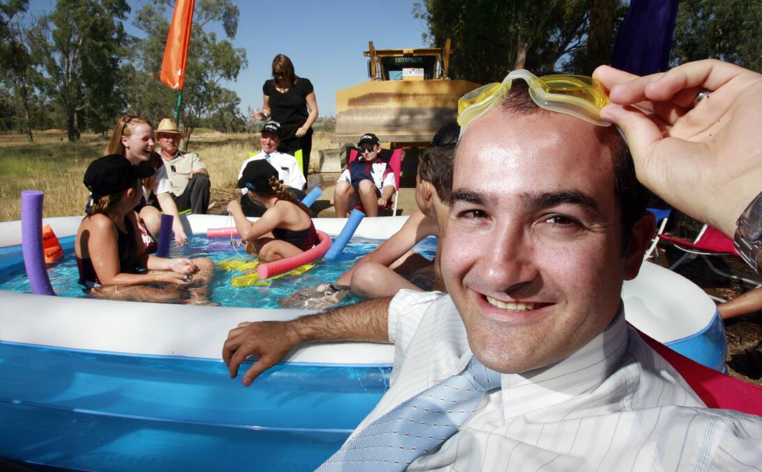 In the gun: Deputy premier James Merlino during a visit to announce Wodonga's new swimming pool when he was sport minister in 2008.