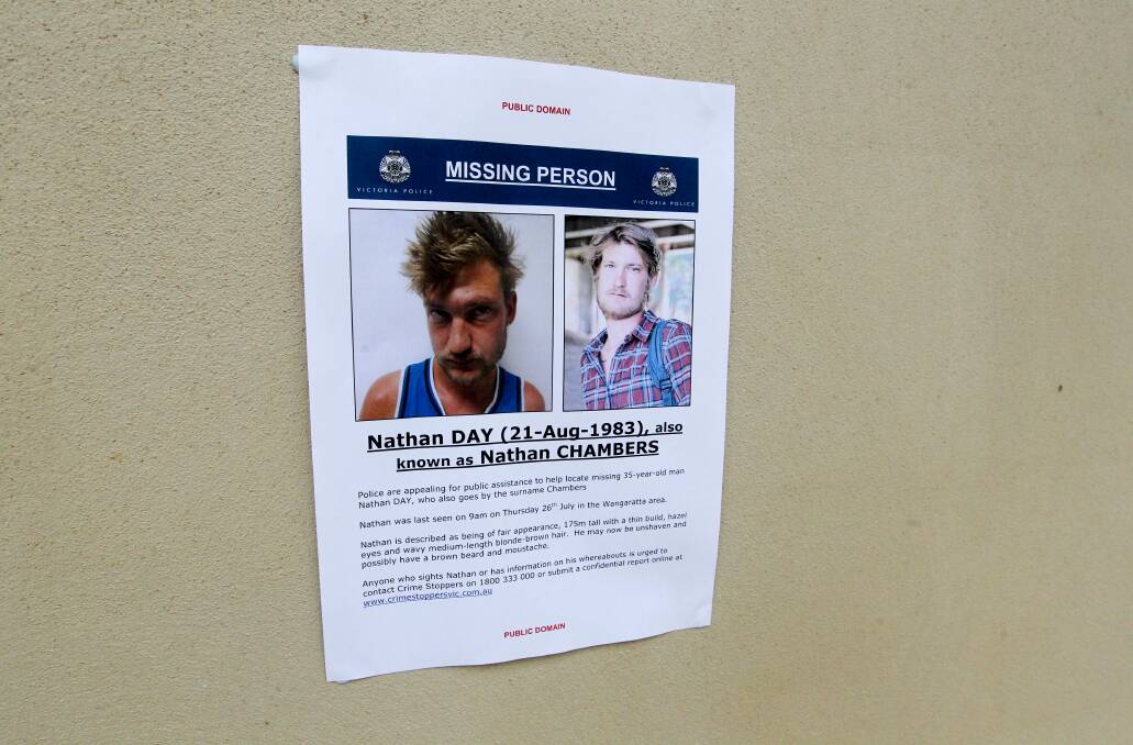 Flashback: Missing person posters of Nathan Day which were distributed around Wangaratta before his body was found last year.