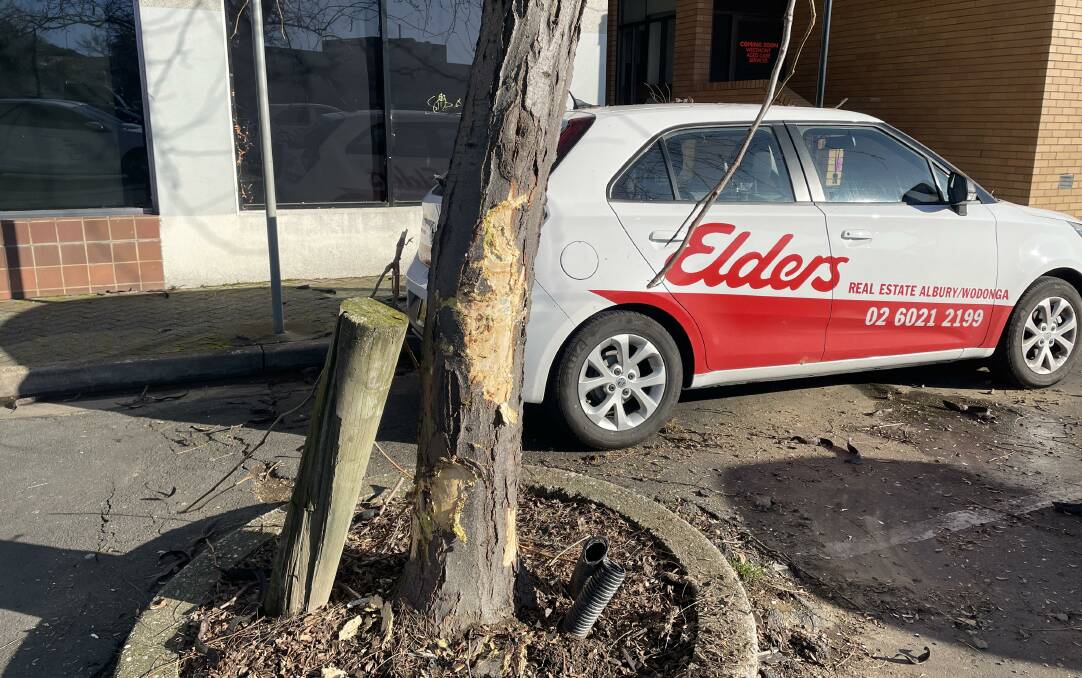 IMPACT POINT: The exposed trunk with bark removed shows where the tree was struck by a Suzuki Vitara, not the car pictured, in a Wodonga car park on Tuesday morning.