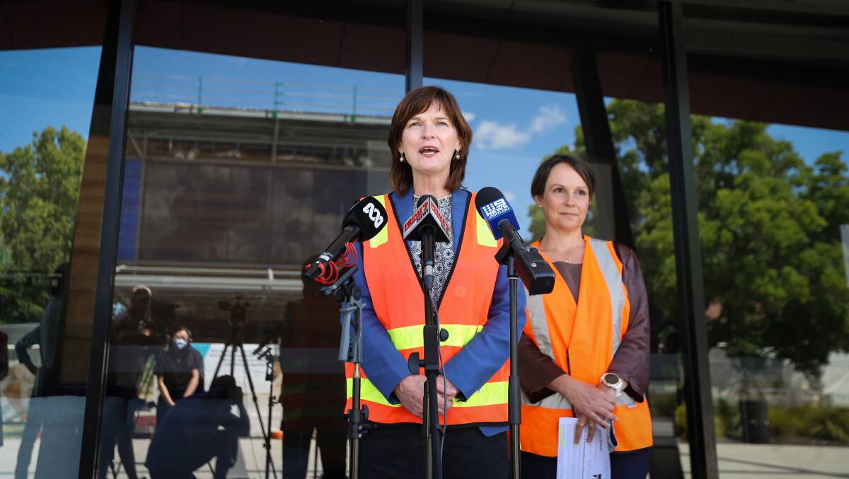 Flashback: Maryanne Thomas during a visit to Wodonga in January this year with her ministerial colleague Jaala Pulford when they inspected the city's new library then under construction.