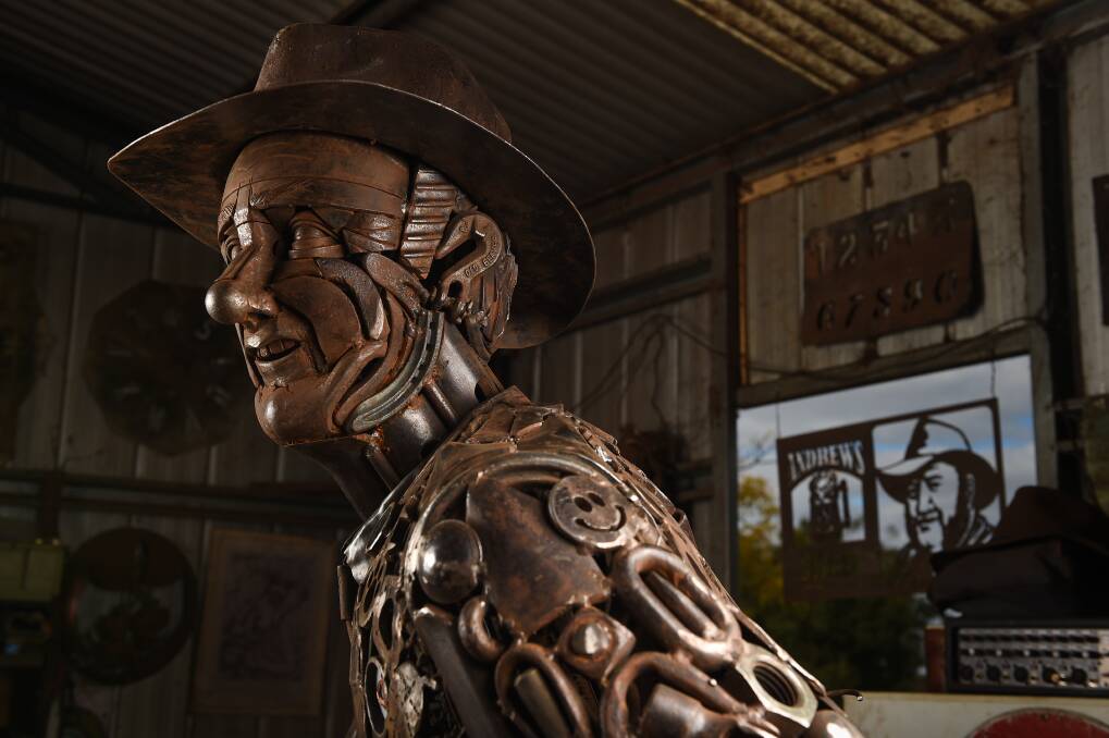 Waiting for unveiling: The metal likeness of Tim Fischer which has been created by Urana artist Andrew Whitehead.