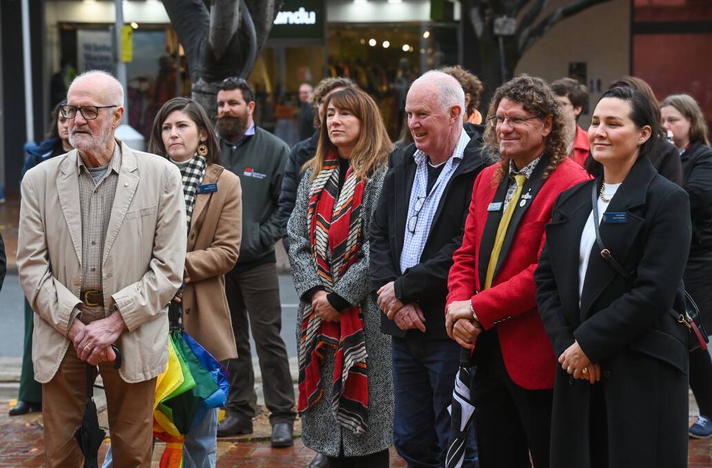 Councillors David Thurley, Ashley Edwards, Kylie King, Daryl Betteridge, Steve Bowen and Jess Kellahan watch the formalities in QEII Square. Picture by Mark Jesser 