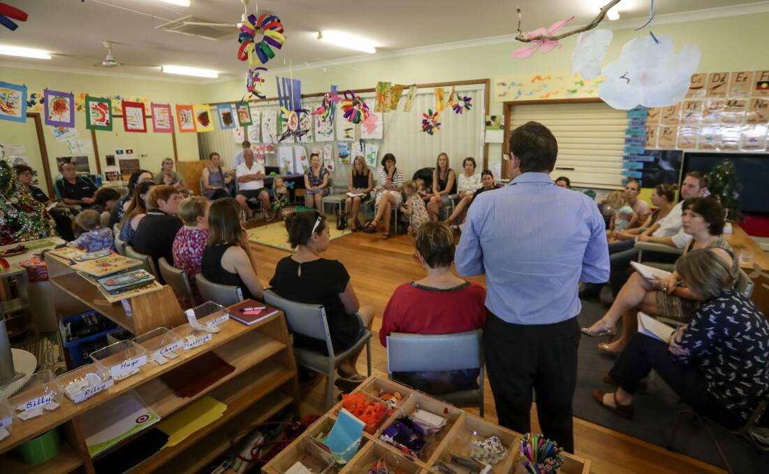 Play room to crisis hub: Parents, government officials and council representatives meet at the Berringa Kindergarten at Bellbridge on Thursday to discuss the fallout from Albury-Wodonga Community College's decision to end childcare services. Picture: JAMES WILTSHIRE 