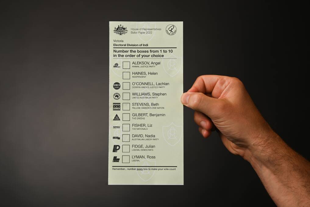 The line-up: A ballot for Indi for the federal election showing the names of the 10 candidates which voters will choose from on May 21. Picture: MARK JESSER