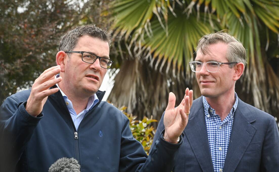 Victorian Premier Daniel Andrews with his NSW counterpart Dominic Perrottet in Albury last October for their joint funding announcement for a makeover of Albury hospital. Picture by Mark Jesser.