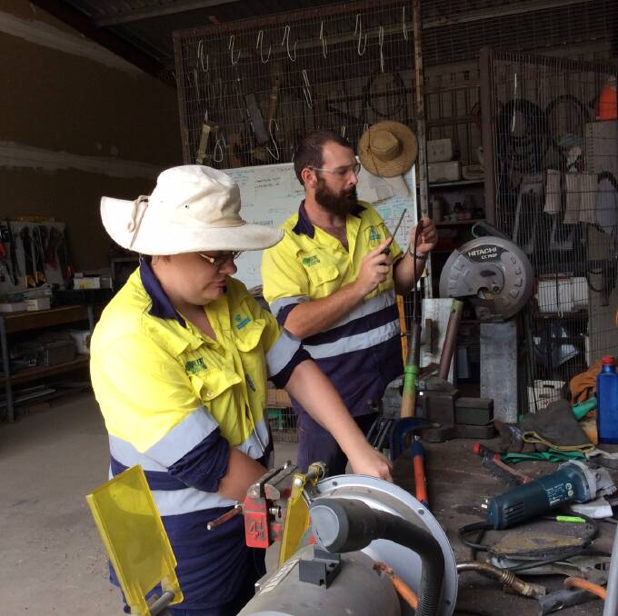 Devastating blow: Green Army participants use some of the tools stolen from Parklands Albury Wodonga. They are in the workshop section of the shed which was burgled. 