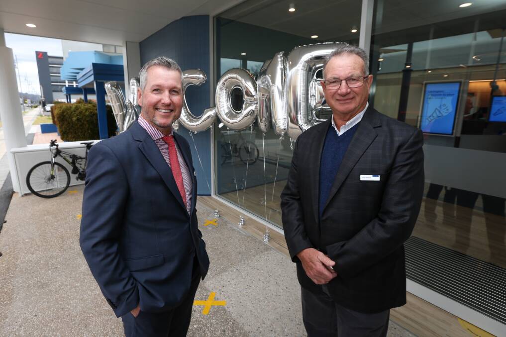 New interest: Hume Bank chief executive Stephen Capello and chairman Tony Whiting at the new Lavington branch in Wagga Road. Picture: JAMES WILTSHIRE