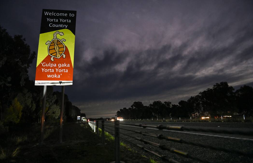 In dispute: One of the welcome to country signs along the Hume Freeway at Chiltern which is in Indigo Shire. Picture: MARK JESSER 