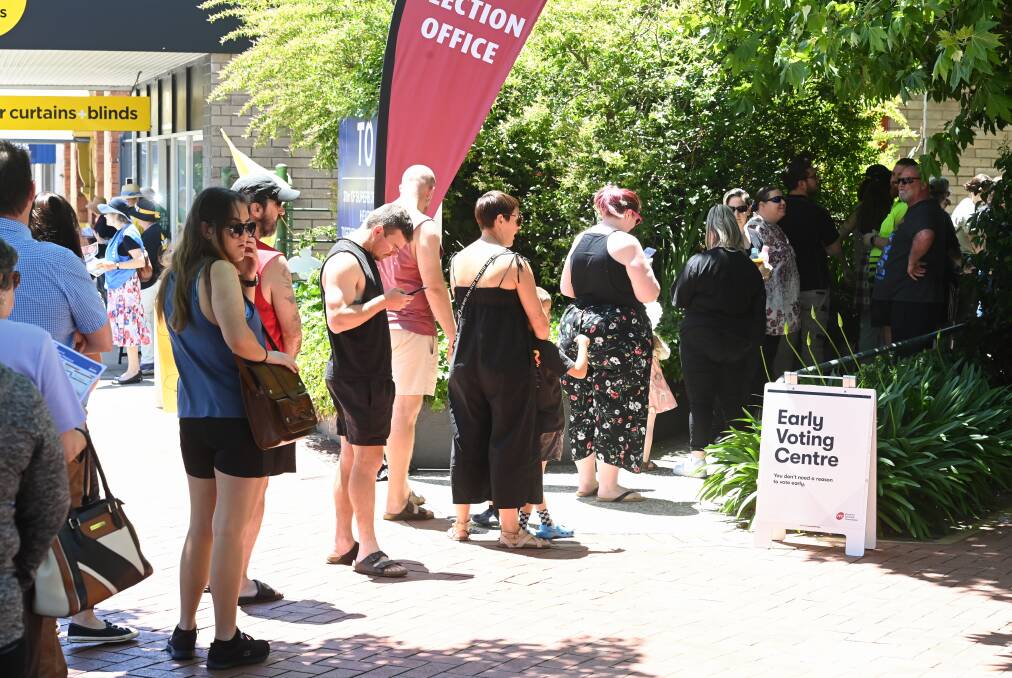 Voters queue up to lodge their ballots at the Wodonga prepoll centre on Friday. At one stage the line snaked from High Street around a corner into South Street. Picture by Mark Jesser.