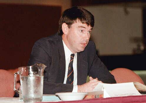 Flashback: Gerard Fogarty testifying to a NSW parliamentary Upper House committee in 1998 at Albury's Commercial Club. At the time he was the chairman of the Albury Visiting Medical Officers Association. Dr Fogarty was raising concerns about the then administration of Albury hospital by the Greater Murray Area Health Service.