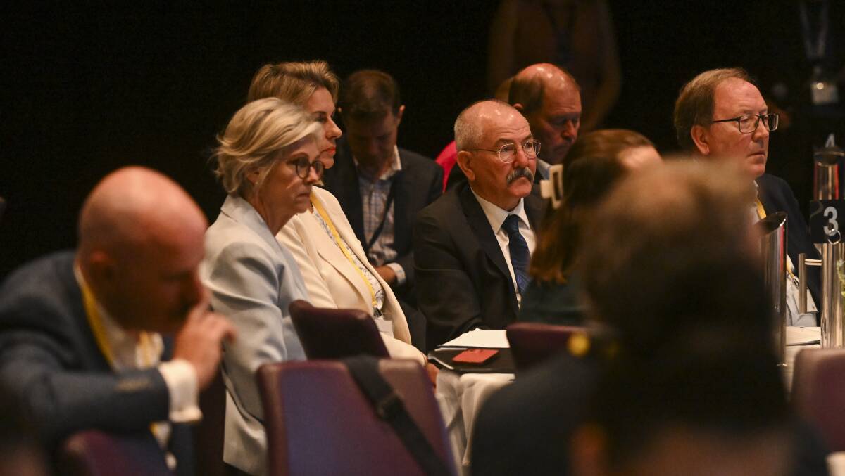 Wodonga mayor Ron Mildren (centre) surrounded by federal, NSW and Victorian MPs at his council's summit on March 1. He wants to see those three governments band together to support a cross border health service. Picture by Mark Jesser