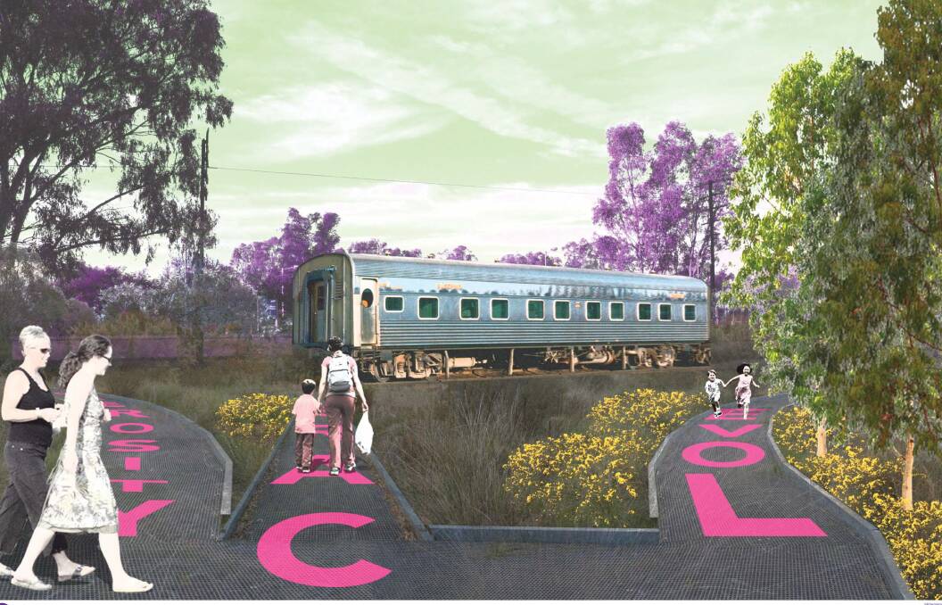 Mock-up: An artist's image of how the carriage will appear when installed at the memorial garden with paths covered by emotive words leading up to it.