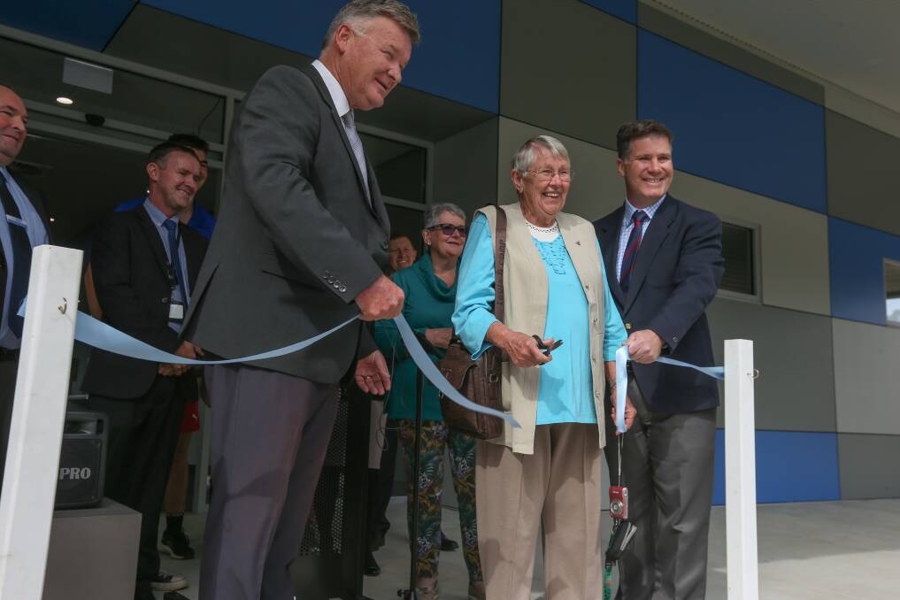 Flashback: The Corowa aquatic centre is opened by Federation mayor Pat Bourke, pool committee member Ida Mensford and Albury MP Justin Clancy in April last year.
