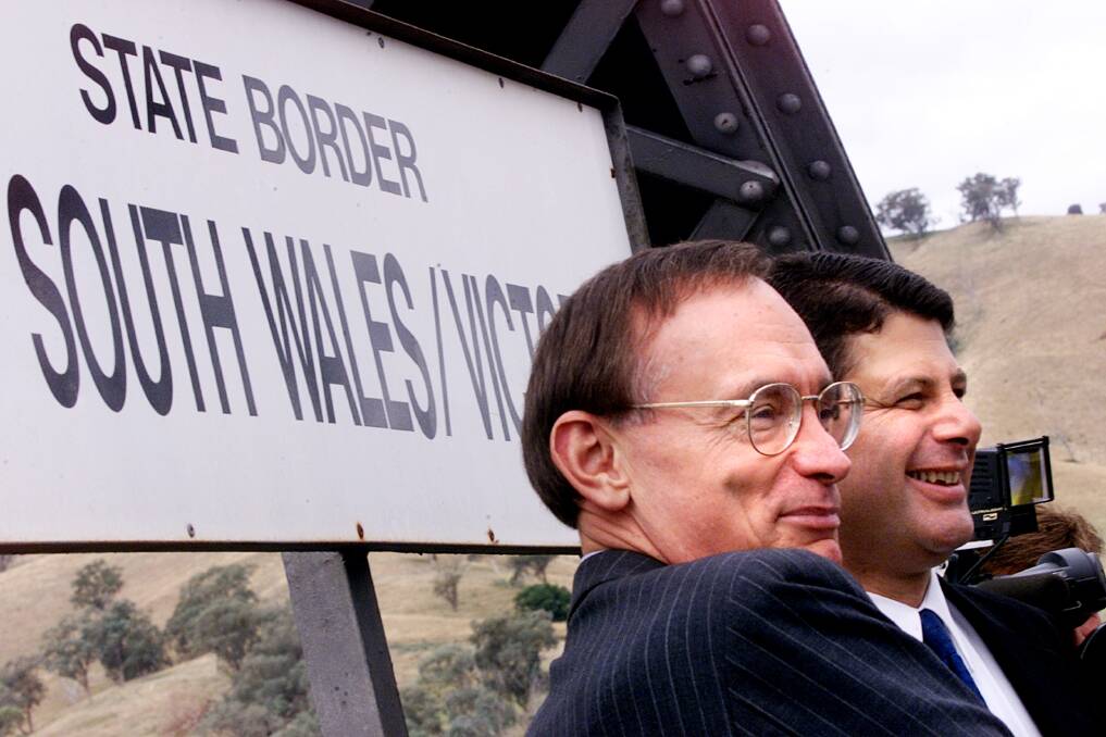 Flashback: Then NSW Premier Bob Carr and his Victorian counterpart Steve Bracks in 2001` on the Bethanga bridge announcing an ultimately failed plan to merge Albury and Wodonga.