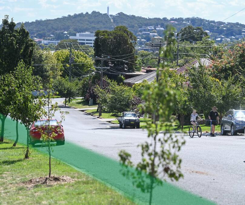 Possibility: A digitally-altered image showing how a green pedestrian strip along East Albury's Walsh Street might appear. A pedestrian can be seen walking on the road with his scooter at the right. Picture: MARK JESSER