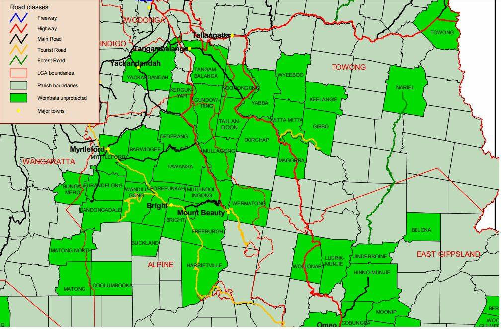 Approved areas: Map showing parishes in North East Victoria where wombats are not protected and farmers can destroy them without a permit.