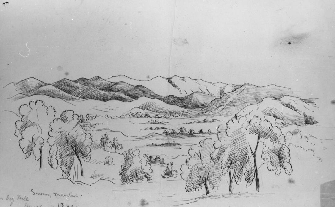 Historic image: A drawing of the Snowy Mountains done from Welaregang Station in 1840 during the expedition led by Polish traveller Paul Strzelecki.