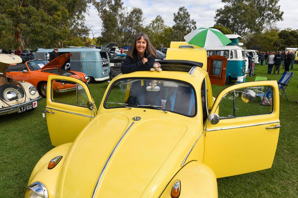 Fab: Andrea Elbe came from Melbourne with her ragtop Beetle which she brought to Australia from New Zealand. Picture: MARK JESSER