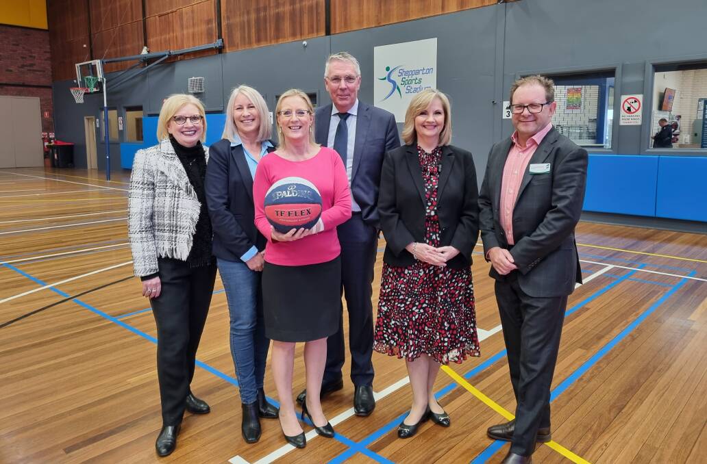 On the court: Liberal MLC Wendy Lovell, Liberal candidate Cheryl Hammer, Cindy McLeish, Peter Walsh, Nationals candidate Kim OKeeffe and Greater Shepparton deputy mayor Anthony Brophy gather on Friday. 