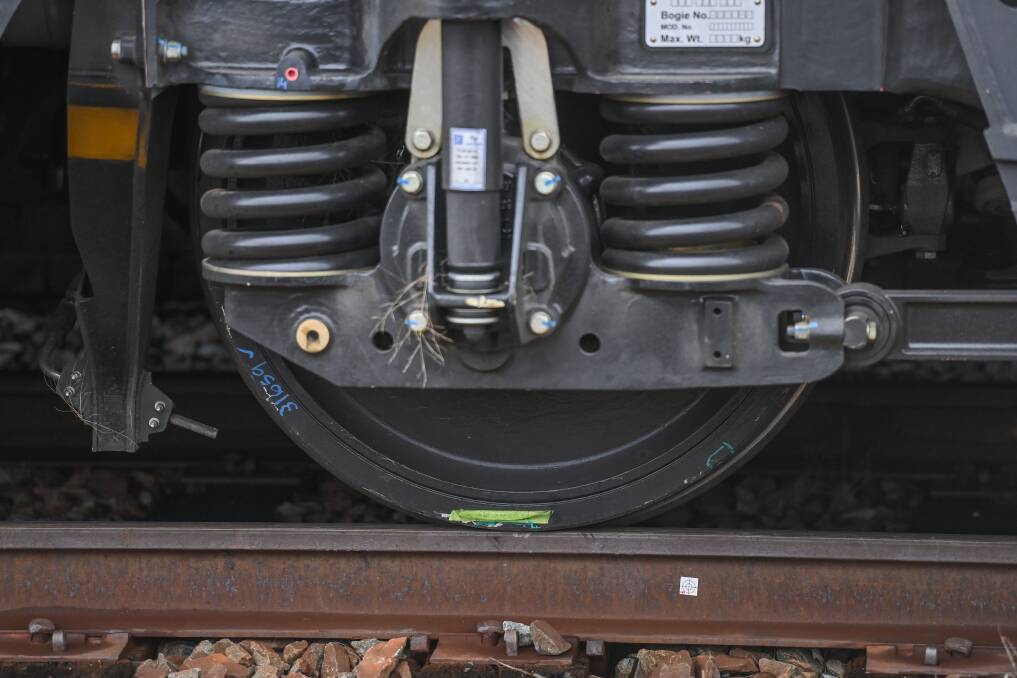 FOCAL POINT: A bogie on the right side of the VLocity train which has come under scrutiny after its wheels were damaged last month. Picture: MARK JESSER