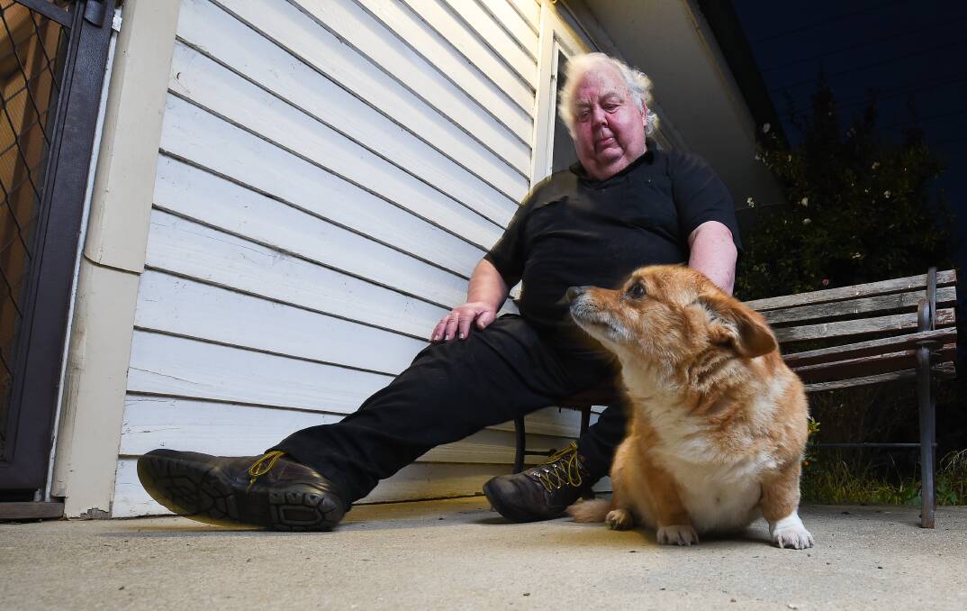 Out in the cold: Jeffrey Sill with his corgi Eckles. Four different types of court have ruled against him, leaving him with a big debt to Wodonga Council. 