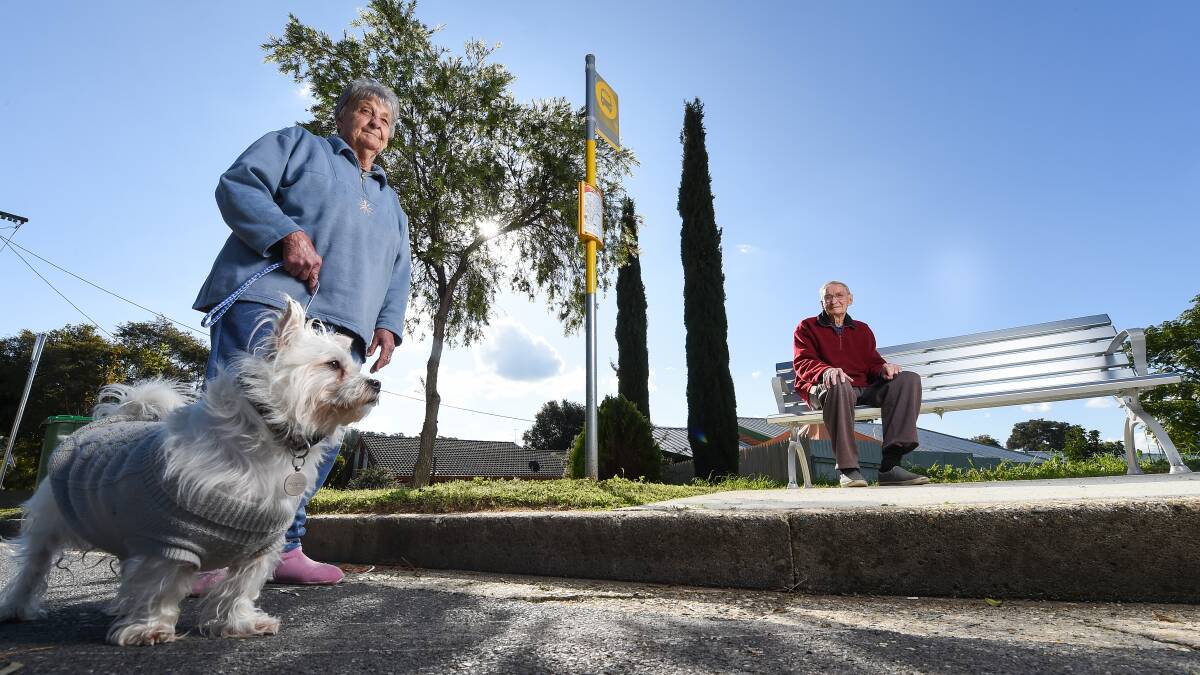 No yap: Shirley and Eddie Patten, with their pet dog Ziggy, are among the Wilkinson Street residents left in the dark about the fate of their street considered by Albury Council management. They are at a bus stop which would need to be moved if the street was closed off. Picture: MARK JESSER