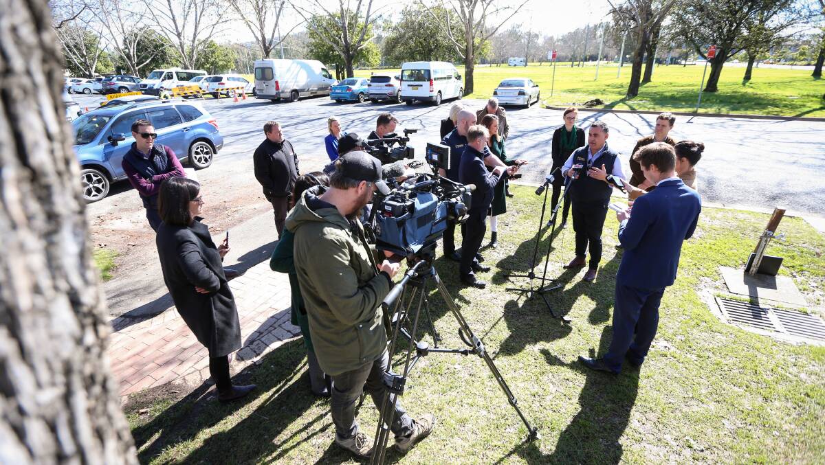Good news bearer: NSW Deputy Premier John Barilaro near Albury's Wodonga Place checkpoint outlining changes to border travel. Picture: JAMES WILTSHIRE