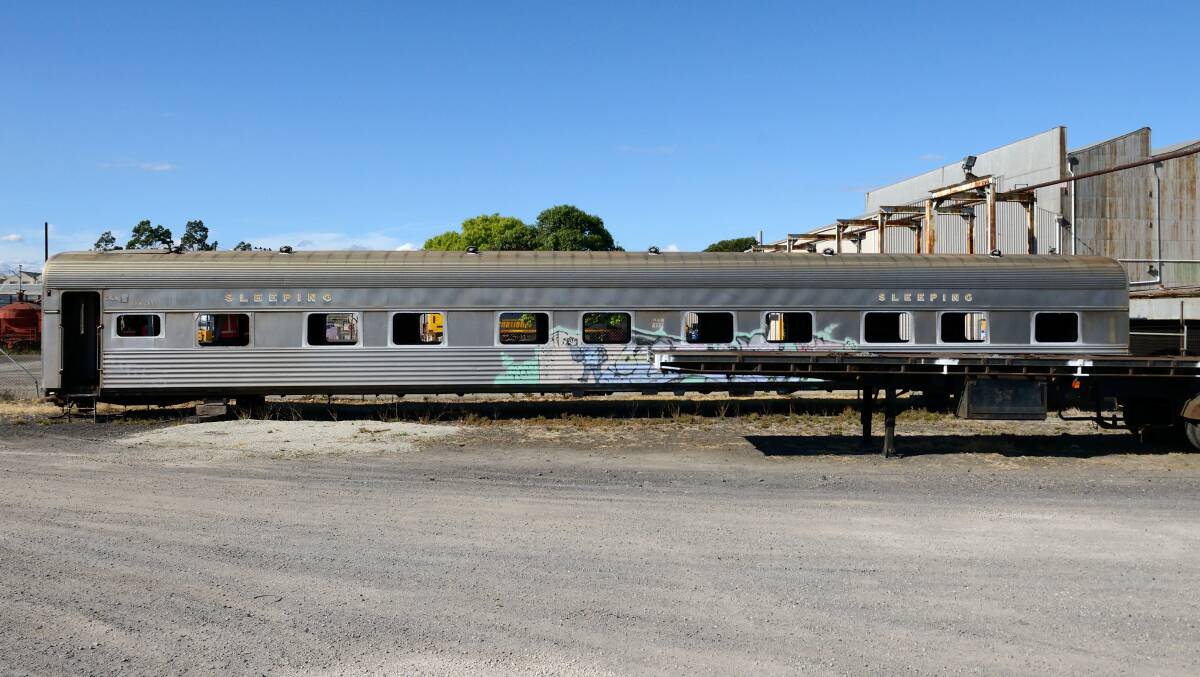 Stationary: The former twinette sleeper resting on blocks at the Newport railway yards. It is due to be relocated to the North East on October 4.