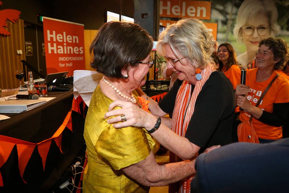 Historic: Cathy McGowan and Helen Haines on election night in May when the latter replaced the former as MP for Indi. Picture: JAMES WILTSHIRE