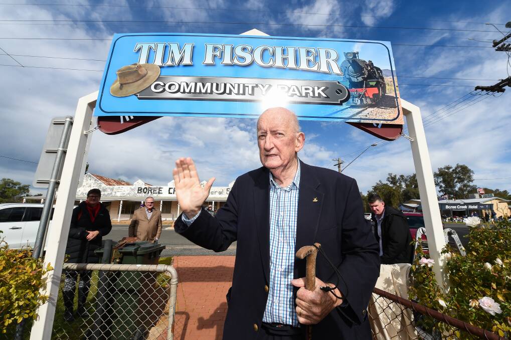Being made official: Tim Fischer at his namesake park at Boree Creek last year. The Geographical Names Board is now in the proposal of formalising the title and taking submissions on the proposal.