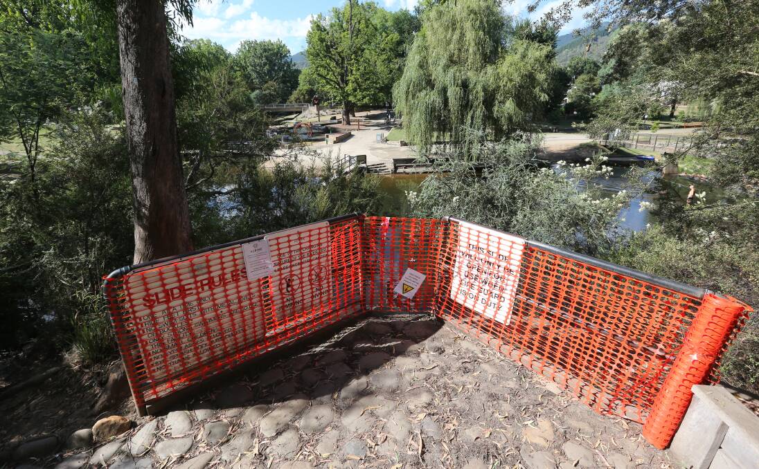 Off limits: The metal slide into the Ovens River at Bright has been closed for much of January because of vandalism but is due to be reinstalled today. Picture: KYLIE ESLER
