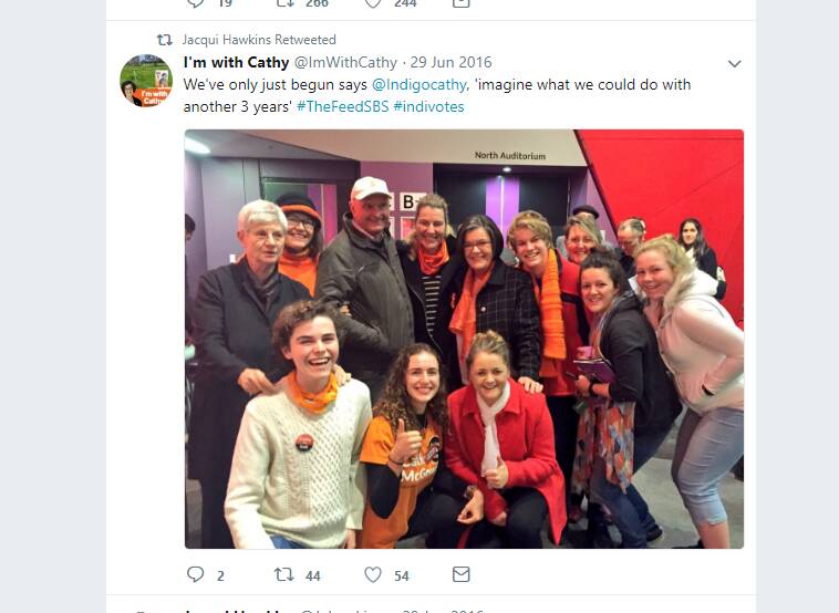 Orange days: A retweet done by Jacqui Hawkins during the 2016 federal election campaign for Indi in which she was part of the team supporting independent incumbent Cathy McGowan.