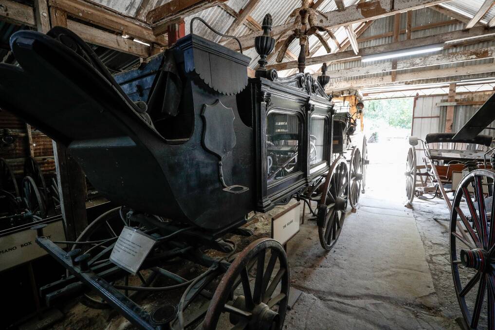Transport of yesteryear: The carriage collection, including a hearse which belonged to Beechworth undertaker and coachbuilder WS Edwards. The 21 vehicles date to the 19th century. Picture: JAMES WILTSHIRE 