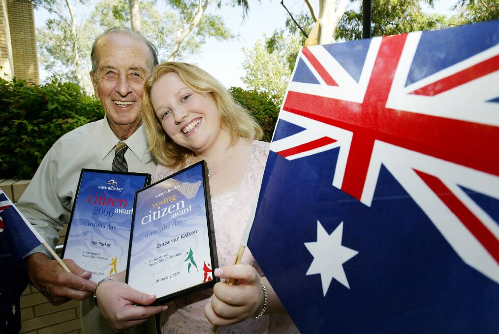 Memorable time: Jim Parker with his Wodonga citizen of the year award in 2006 and that year's young citizen prize winner Grace van Kalken. 