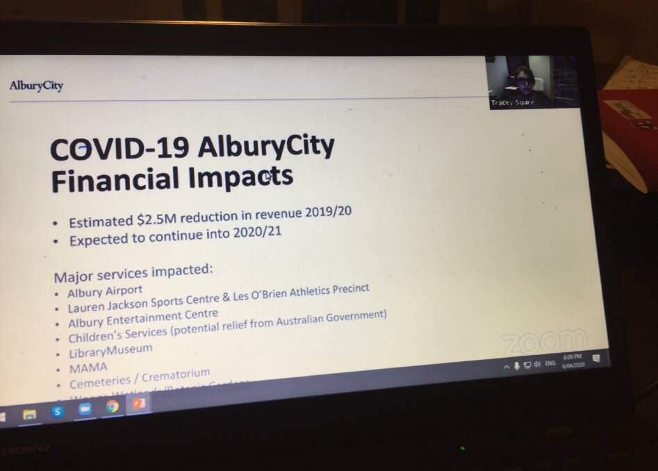 On display: A slide showing how Albury Council services will be hit by COVID-19 appeared on the livestream on Monday night as council executive Tracey Squire spoke. 