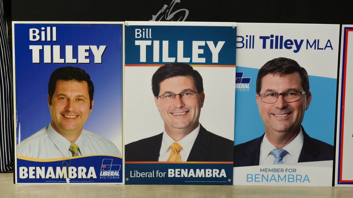 Aiming for repeat success: Bill Tilley's election posters from elections he has contested since 2006. This year's contest is proving to be his toughest with the result still in the balance.
