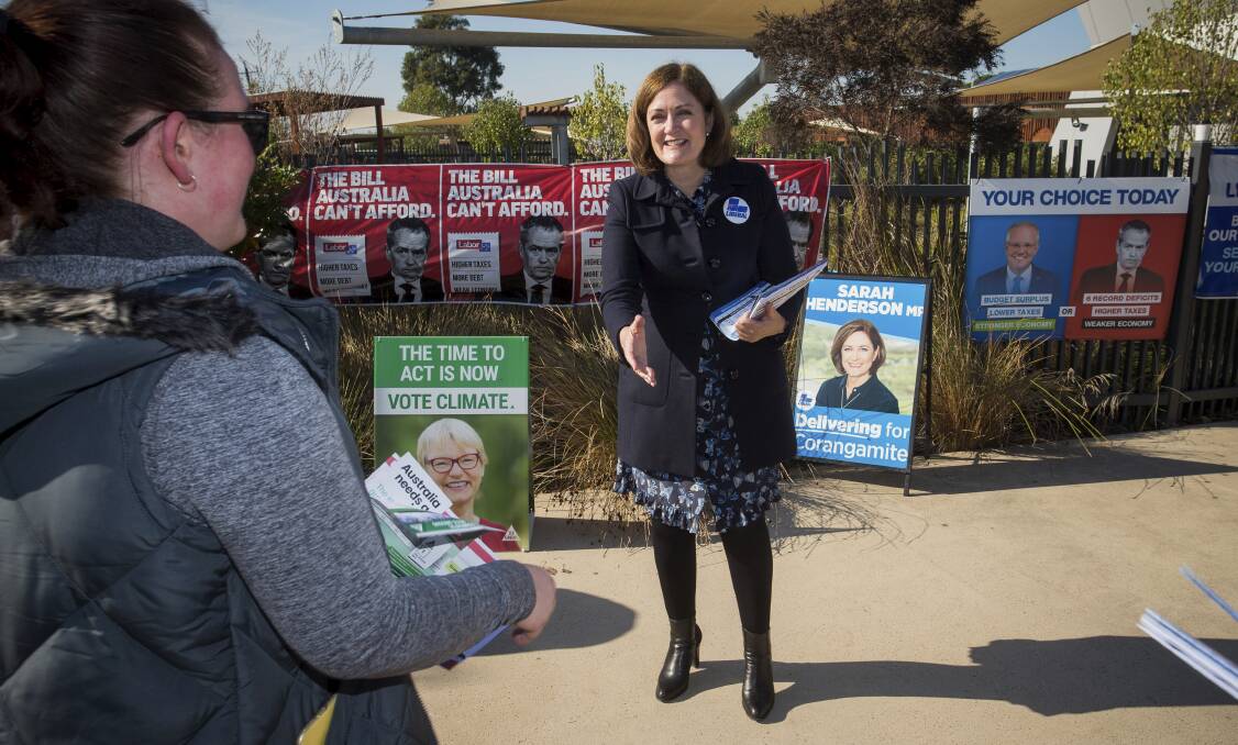 Flashback: Sarah Henderson hands out flyers amid a campaign for the seat of Corangamite which she held from 2013 until this year's federal election.