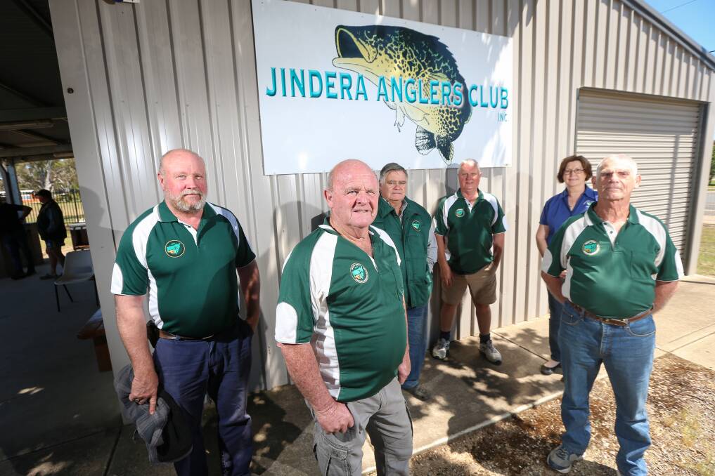 Fishos: South West Anglers Association members Jim Muirhead, Terry Maloney, Chris Beale, Daryl Rixon, Merrilyn Strachan and Russell Harris at Jindera on Sunday for their meeting. Picture: JAMES WILTSHIRE