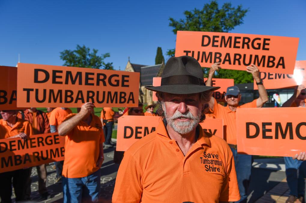 Flashback: Neil Hamilton with fellow Save Tumbarumba Shire members at the NSW Local Government conference in Albury in 2018 voicing displeasure at the continued existence of Snowy Valleys Council.