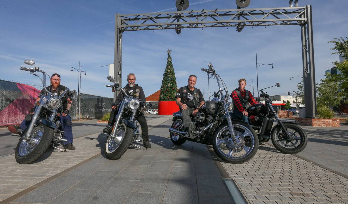Big boy's toyes: Party Unlimited members Jared Powell, Phil Chiang, president Gary Hosie and Matt Hosie will roll out from Wodonga's Junction Square on Saturday for their organisation's annual toy run. Picture: TARA TREWHELLA
