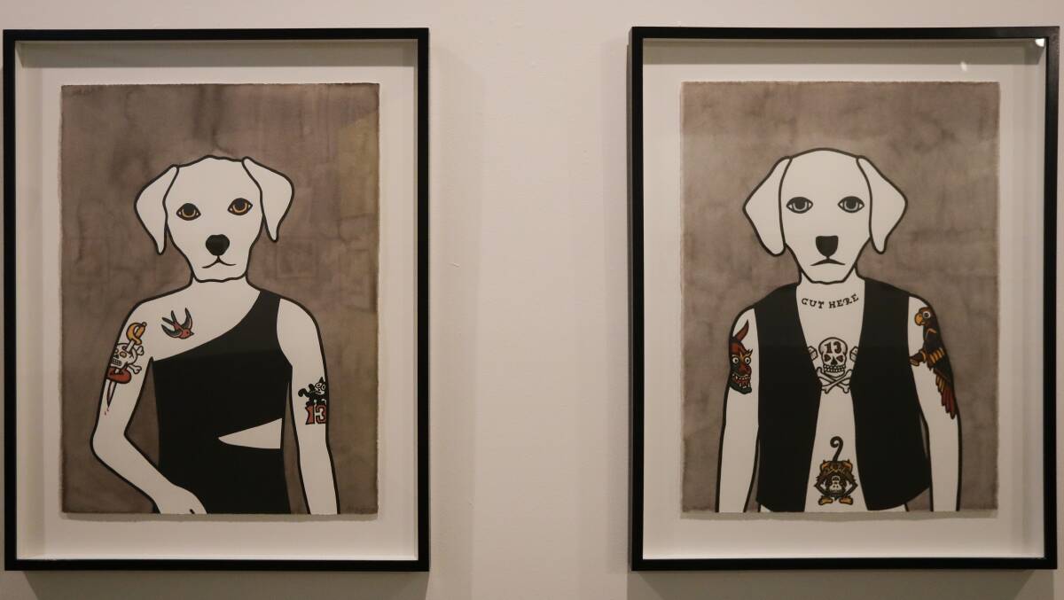Canine capers: Two of the dogs on human heads which feature in Rona Green's exhibition Champagne Taste and Lemonade Pockets.