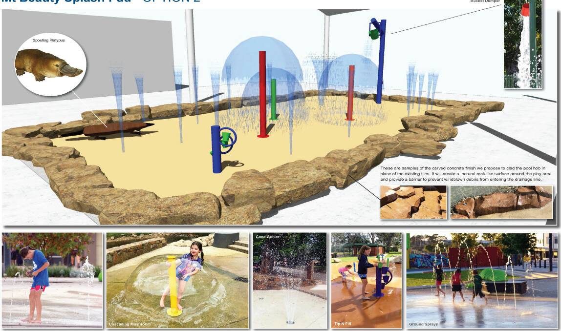Second option: A concept plan of how a splash pad proposed for Mount Beauty's swimming centre could appear. This version includes a bucket of spilling water.
