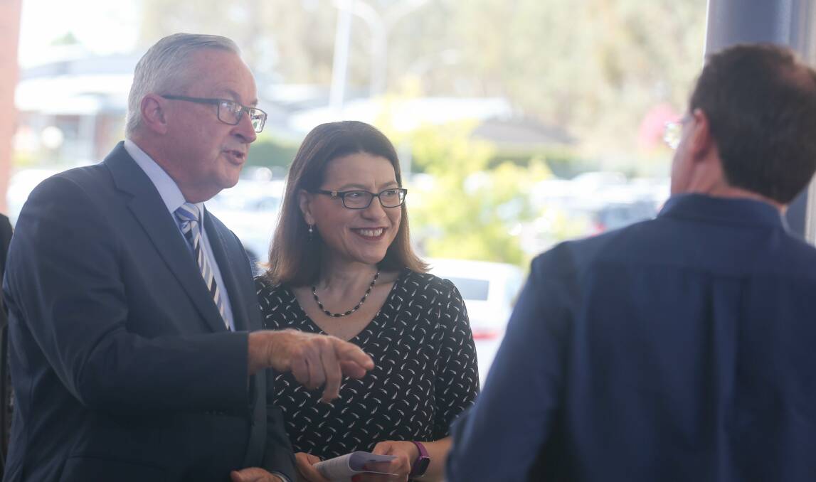 Flashback: NSW and Victorian health ministers Brad Hazzard and Jenny Mikakos at Albury hospital in 2020. Ms Mikakos' replacement Martin Foley is yet to visit the Border in his new role.