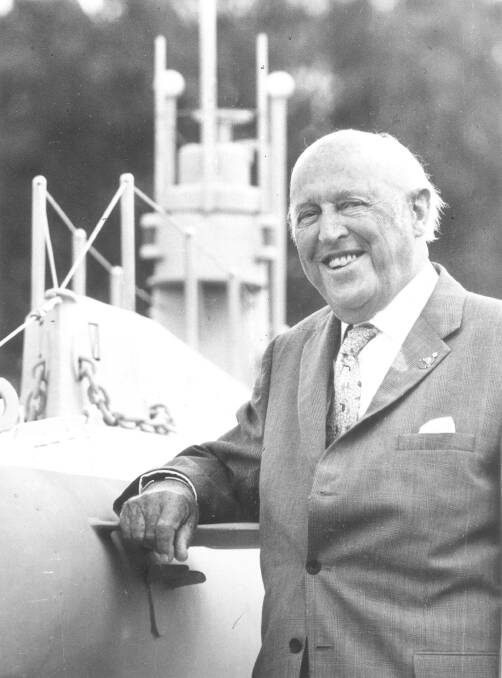 Yesteryear: Norman Holbrook leaning against a submarine model at Holbrook during a visit in 1975, a year before his death at the age of 87.