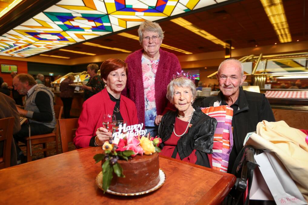 Family affair: Hazel Fox, whose nickname is Granny, celebrated with niece Marion Britt, of Albury, daughter Lesley Baker, of Yackandandah and nephew Lance Whitehead, of Werribee. Picture: JAMES WILTSHIRE 