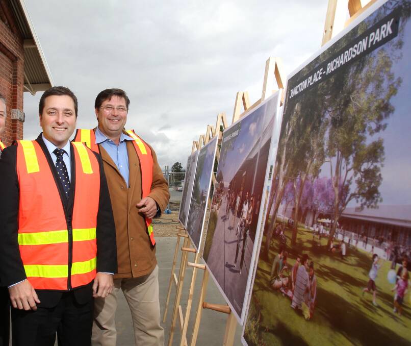 Flashback: Matthew Guy in 2013 when he was Victorian Planning Minister with member for Benambra Bill Tilley at the unveiling of plans for the redevelopment of former railway land in Wodonga which has become Junction Place.